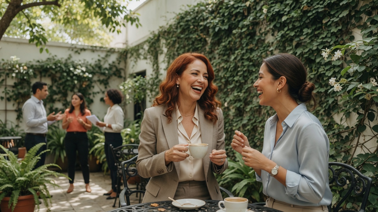 Iris de Arco conversando con una mujer en un patio